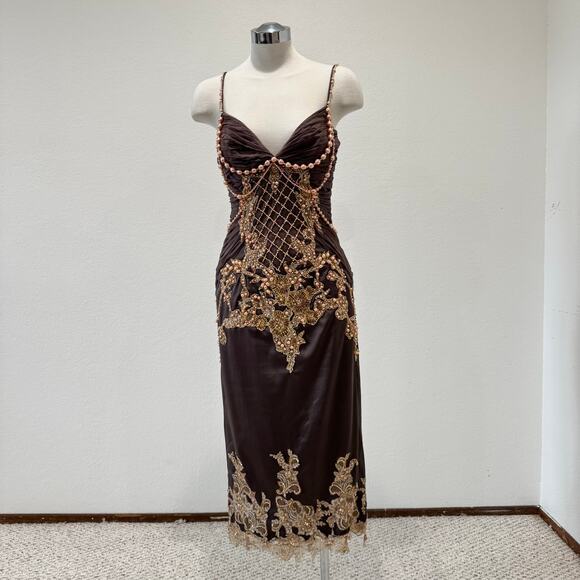 Mandalay Y2K Taupe Midi Dress with peach pearl beads, lace, sequence, sz 8 - Picture 2 of 12